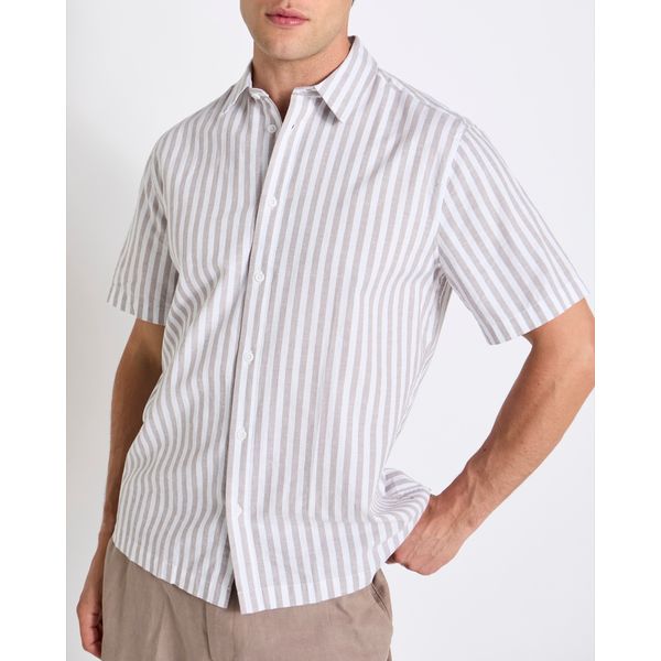 Short Sleeve Linen Blend Stripe Shirt