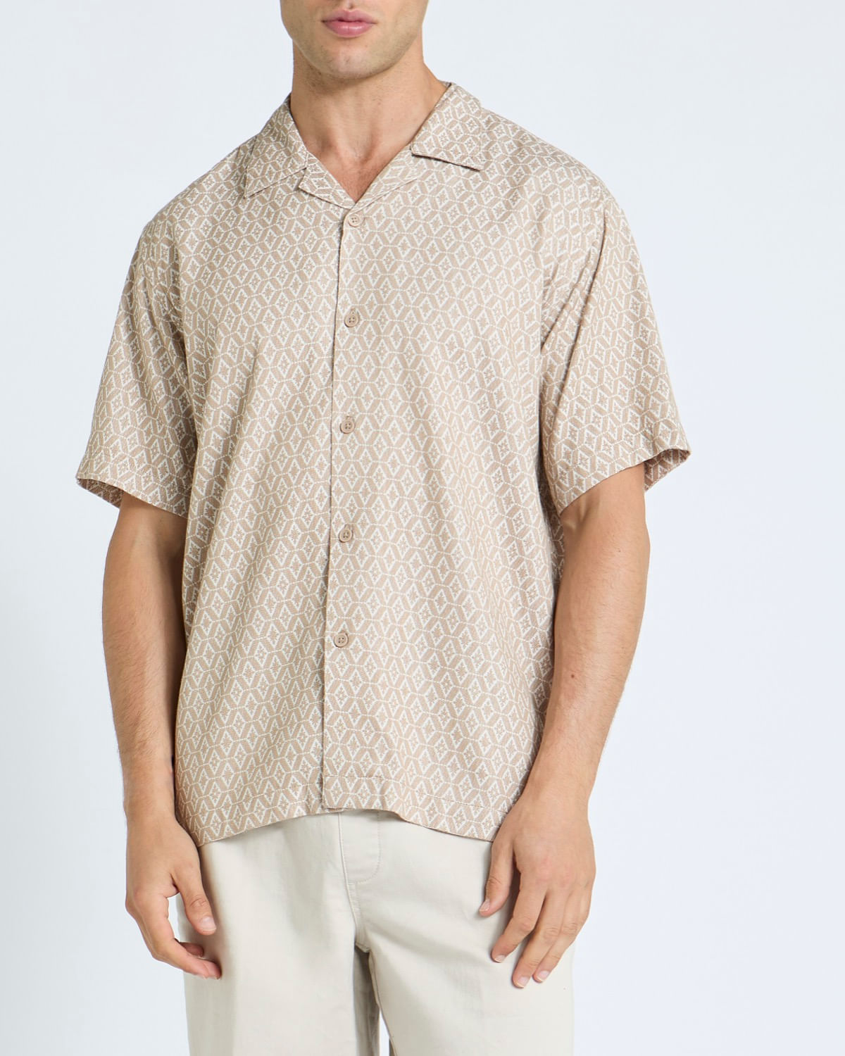 Relaxed Fit Short Sleeve Stone Jacquard Shirt - Dunnes Stores