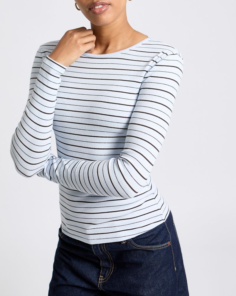 Blue Stripe Fitted Long Sleeve Crew Neck Top - Dunnes Stores