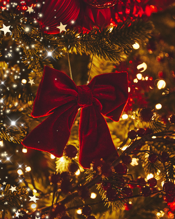A large red velvet bow adorns a Christmas tree, surrounded by twinkling fairy lights and glittering stars, evoking warmth and festive cheer.
