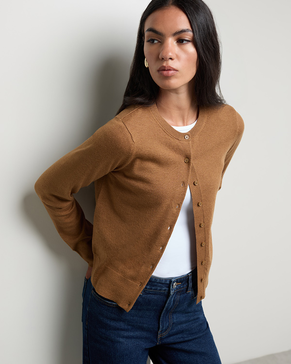 Woman wearing a brown cardigan